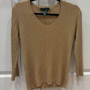 Lauren Ralph Lauren Gold Metallic V-Neck Cable Knit Sweater - Silk Blend